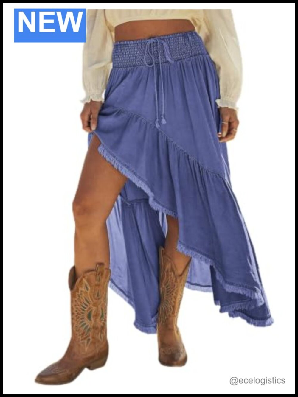 Women's Boho Western Maxi Denim Skirt Asymmetrical Ruffle